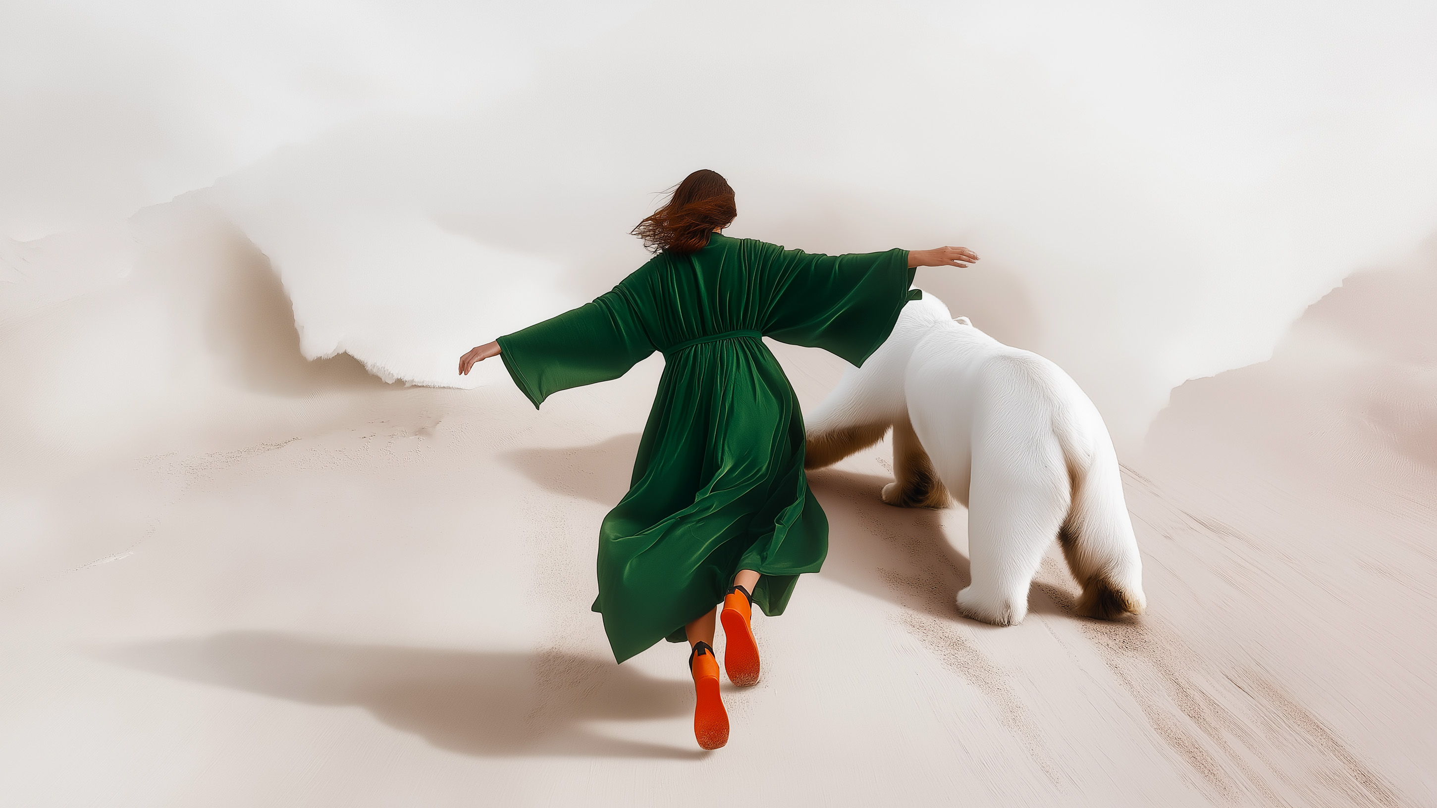 Woman in flowing green dress with orange shoes